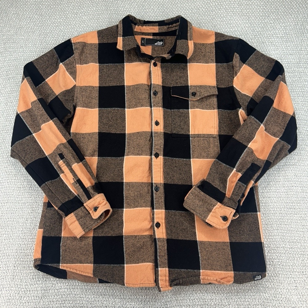 LOST Enterprises Shirt Plaid Flannel Men's Large Orange Black Y2K Surf Skate